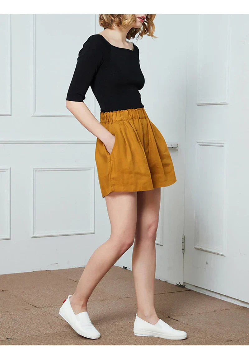 High waist linen blend shorts for women with elastic waistband, stylish and comfortable pants from My Store.