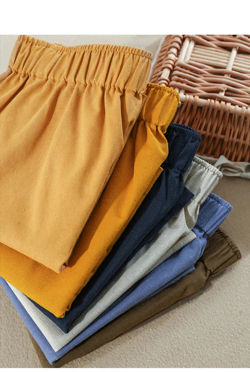 High waist linen blend shorts for women with elastic waistband, stylish and comfortable pants by My Store.