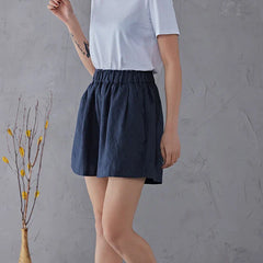 High waist linen blend shorts for women with elastic waistband, stylish and comfortable pants from My Store in neutral fabric.