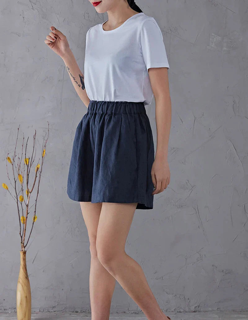 High waist linen blend shorts for women with elastic waistband, stylish and comfortable pants from My Store in neutral fabric.