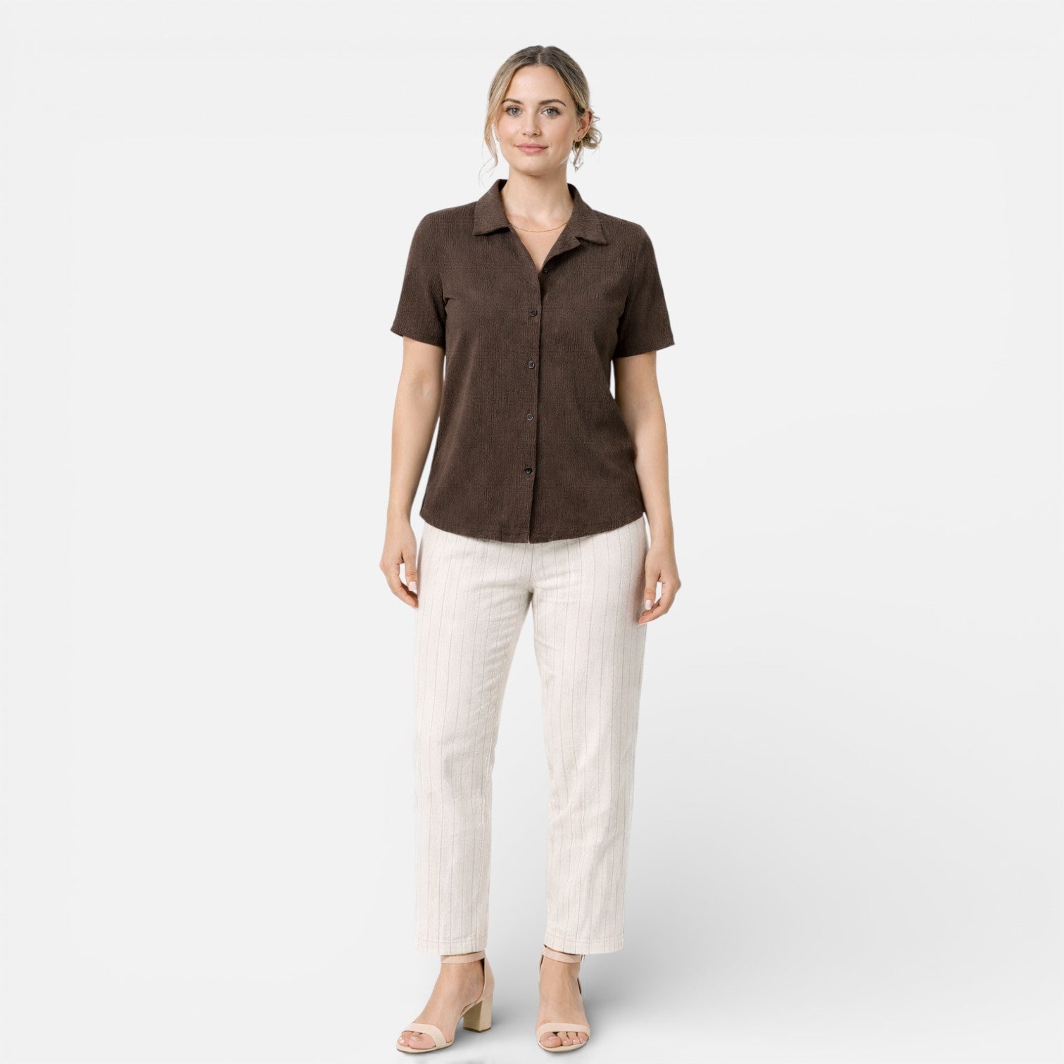 Light blue women's short sleeve button-up shirt from My Store, classic style with collar and front buttons, perfect for casual wear.