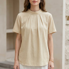 Ivory yellow summer blouse for women featuring a high neck and short sleeves, stylish top from My Store.
