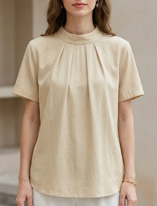 Ivory yellow summer blouse for women featuring a high neck and short sleeves, stylish top from My Store.