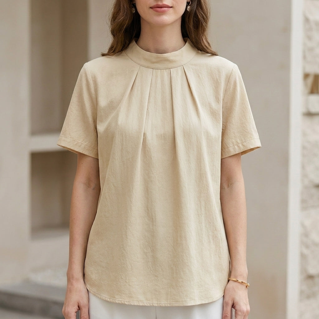 Ivory yellow summer blouse for women featuring a high neck and short sleeves, stylish top from My Store.