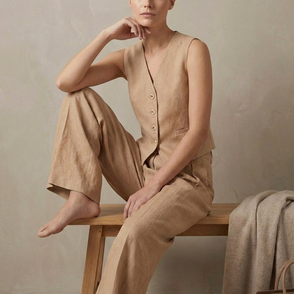 Khaki women's linen pleated two-piece co-ord set by Tammy Bradley, featuring a stylish top and matching wide-leg pants.