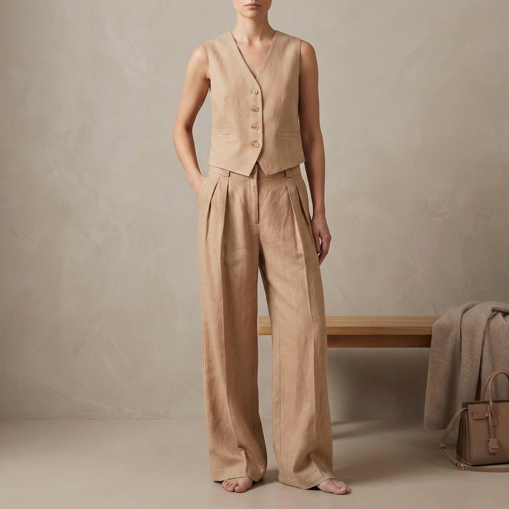Khaki women's linen pleated two-piece co-ord set by Tammy Bradley, featuring a stylish top and matching skirt.