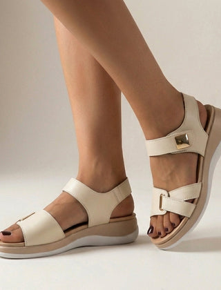 Khaki orthopedic platform strap sandals with buckle detail, featuring supportive design and comfortable footwear from My Store.
