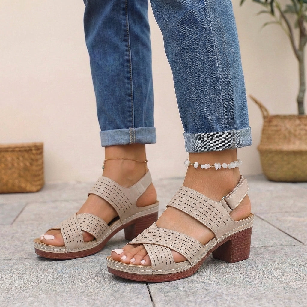 Khaki orthopedic platform block heel sandals with open toe and cut-out design, stylish and comfortable for everyday wear.