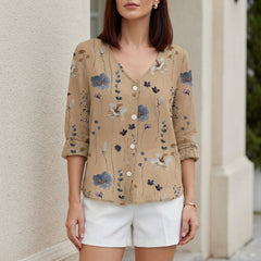 Floral V-neck summer blouse for women with denim button front in khaki color, stylish and lightweight women's top.