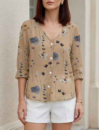 Floral V-neck summer blouse for women with denim button front in khaki color, stylish and lightweight women's top.