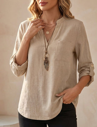 Khaki V-neck linen summer blouse for women, flowy and lightweight, stylish top perfect for warm weather.