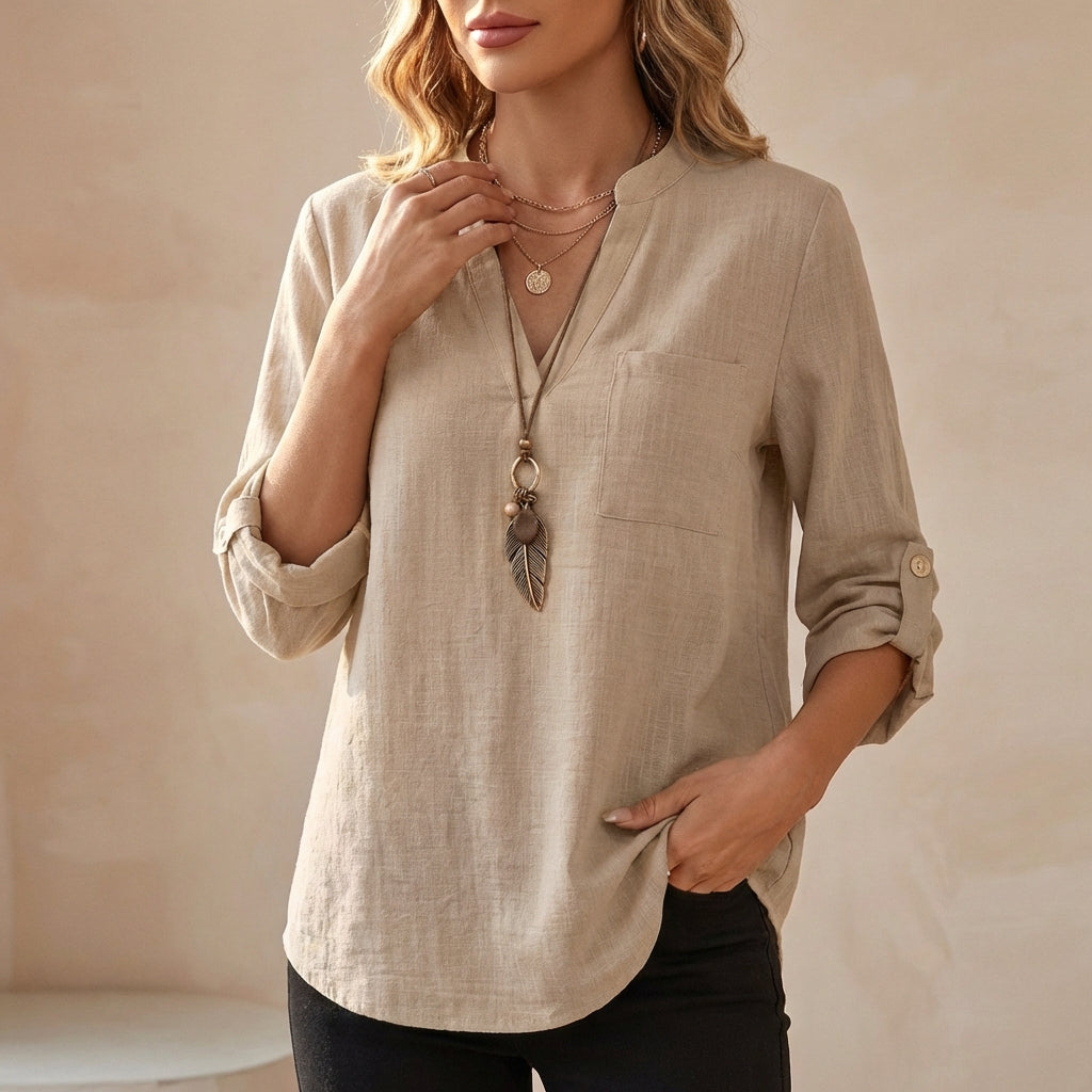 Khaki V-neck linen summer blouse for women, flowy and lightweight, stylish top perfect for warm weather.