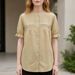 Khaki summer blouse for women with puff sleeves and denim button front, stylish top from My Store.