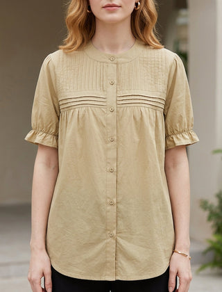 Khaki summer blouse for women with puff sleeves and denim button front, stylish top from My Store.