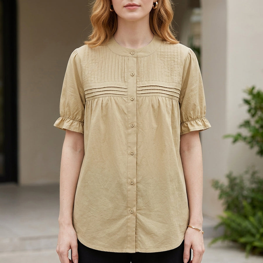 Khaki summer blouse for women with puff sleeves and denim button front, stylish top from My Store.