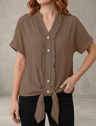 Khaki V-neck denim summer blouse for women with ruffle details, casual style, and short sleeves.