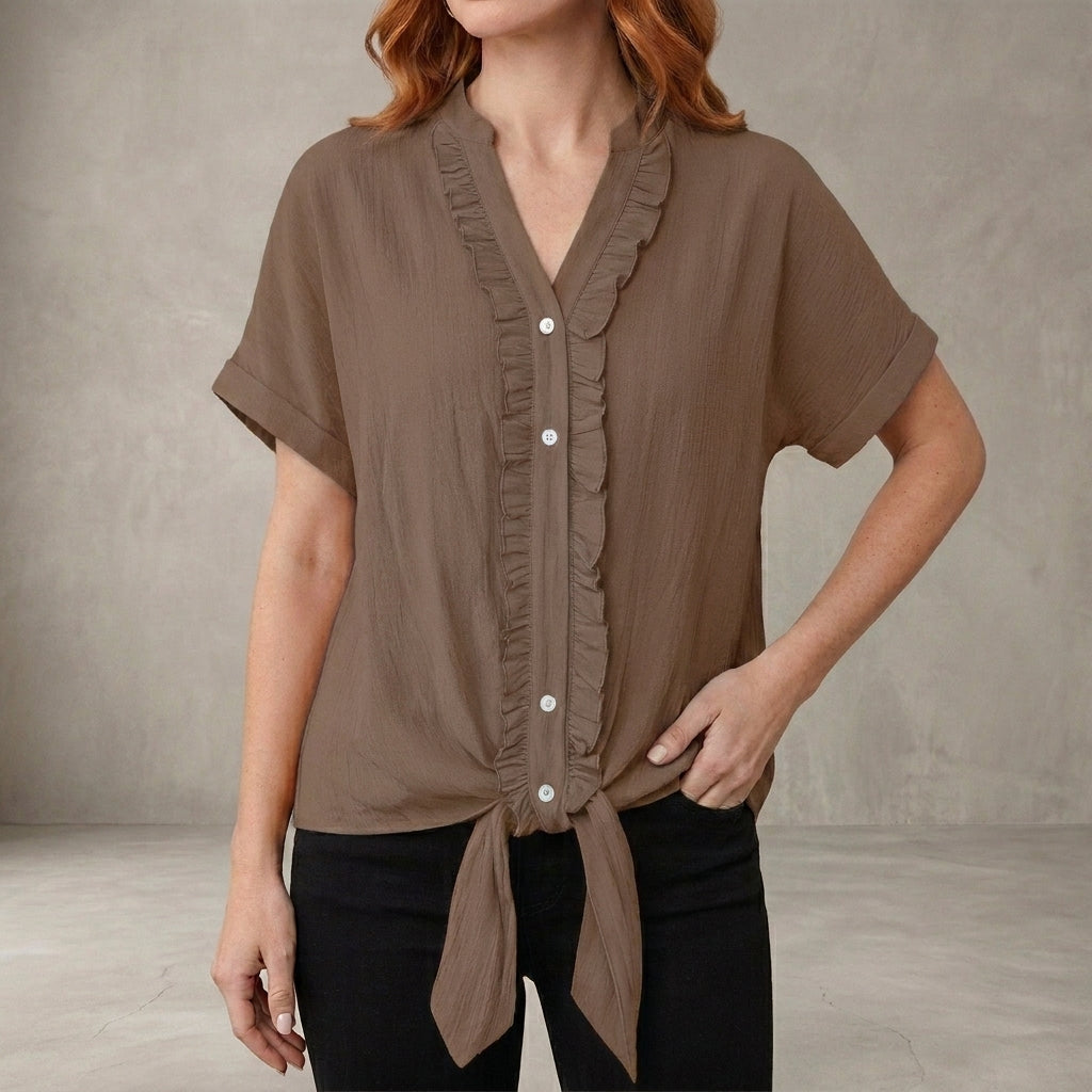 Khaki V-neck denim summer blouse for women with ruffle details, casual style, and short sleeves.