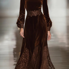 Elegant women's velvet maxi dress with high neck, lace patchwork, and balloon sleeves, perfect for stylish occasions.