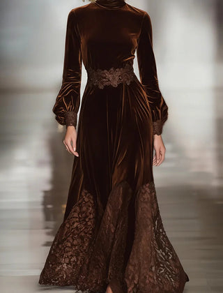 Elegant women's velvet maxi dress with high neck, lace patchwork, and balloon sleeves, perfect for stylish occasions.