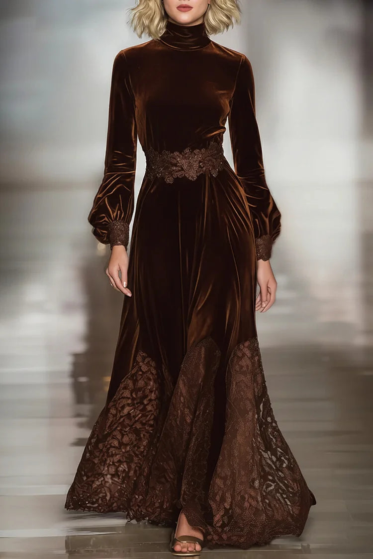 Elegant women's velvet maxi dress with high neck, lace patchwork, and balloon sleeves, perfect for stylish occasions.