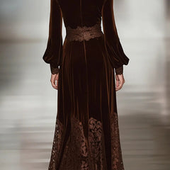 Elegant women's velvet maxi dress with high neck, lace patchwork, and balloon sleeves, perfect for stylish occasions.