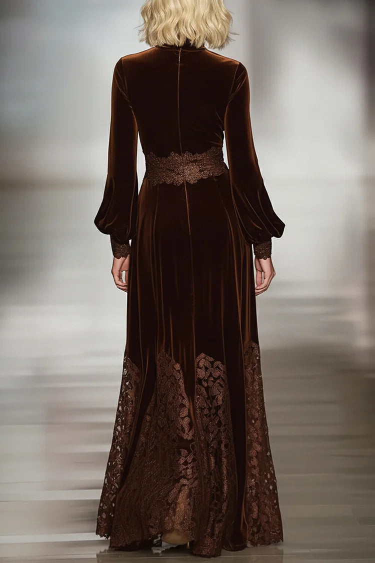 Elegant women's velvet maxi dress with high neck, lace patchwork, and balloon sleeves, perfect for stylish occasions.