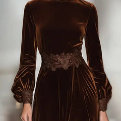 Elegant women's velvet maxi dress with lace patchwork, high neck, and balloon sleeves, perfect for stylish occasions.