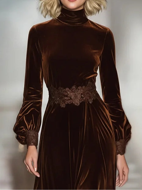 Elegant women's velvet maxi dress with lace patchwork, high neck, and balloon sleeves, perfect for stylish occasions.