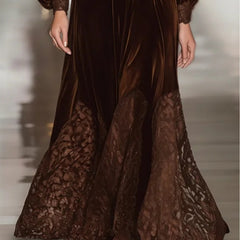 Elegant high-neck velvet maxi dress for women with lace patchwork and balloon sleeves, showcasing a stylish, sophisticated design.