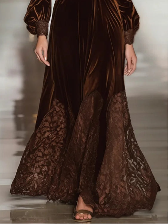 Elegant high-neck velvet maxi dress for women with lace patchwork and balloon sleeves, showcasing a stylish, sophisticated design.