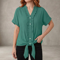 Lake green summer blouse for women featuring a V-neck and ruffle design, perfect for casual denim-inspired tops.