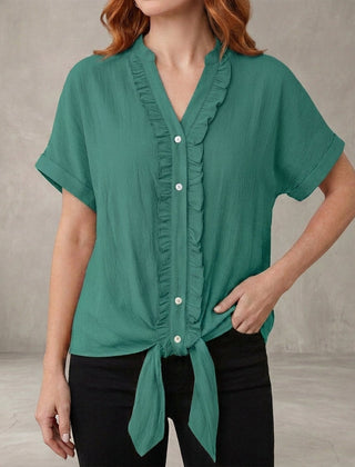 Lake green summer blouse for women featuring a V-neck and ruffle design, perfect for casual denim-inspired tops.