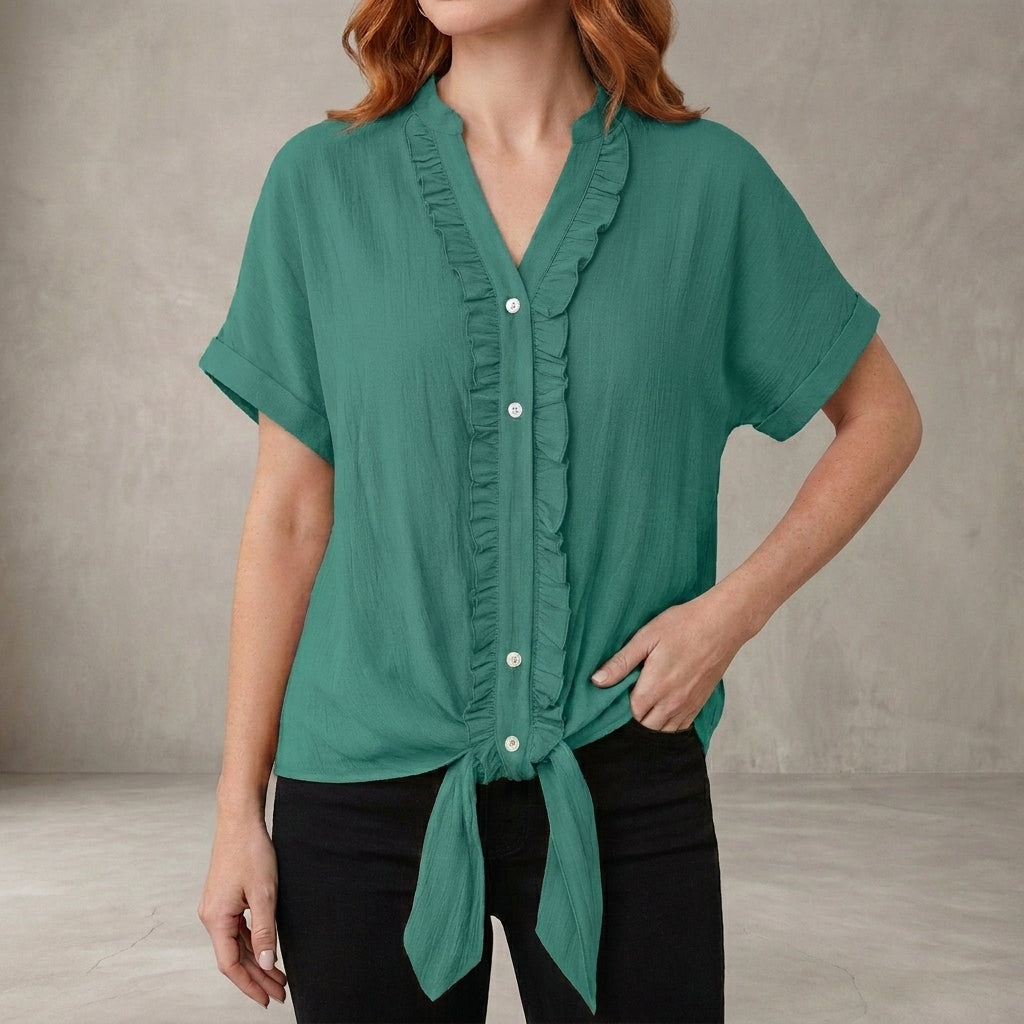 Lake green summer blouse for women featuring a V-neck and ruffle design, perfect for casual denim-inspired tops.