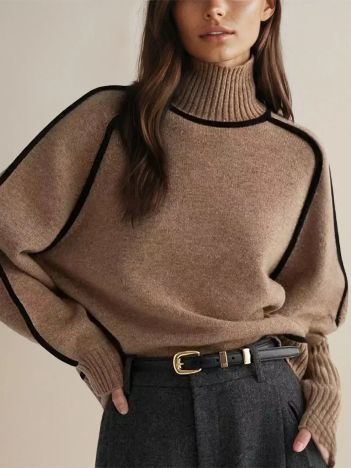 Turtleneck Sweater Women Contrast Piping Relaxed Fit