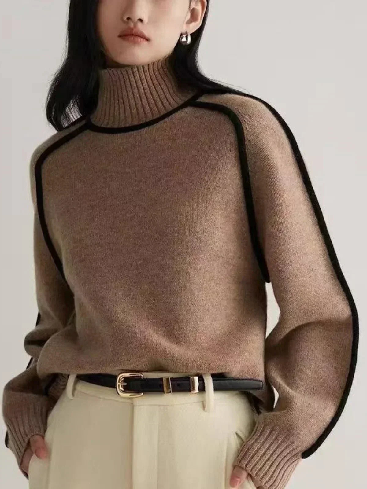 Turtleneck Sweater Women Contrast Piping Relaxed Fit