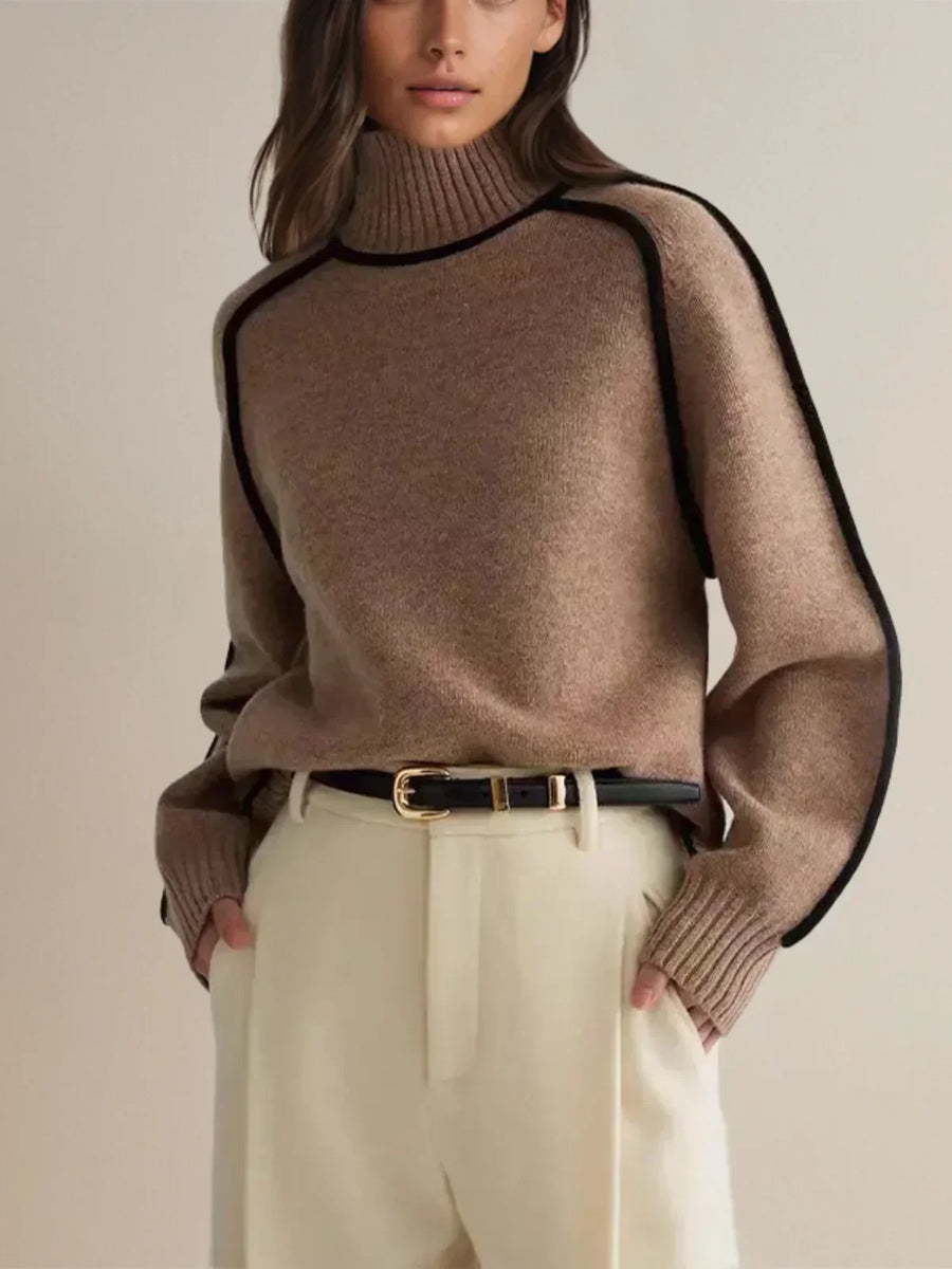 Turtleneck Sweater Women Contrast Piping Relaxed Fit