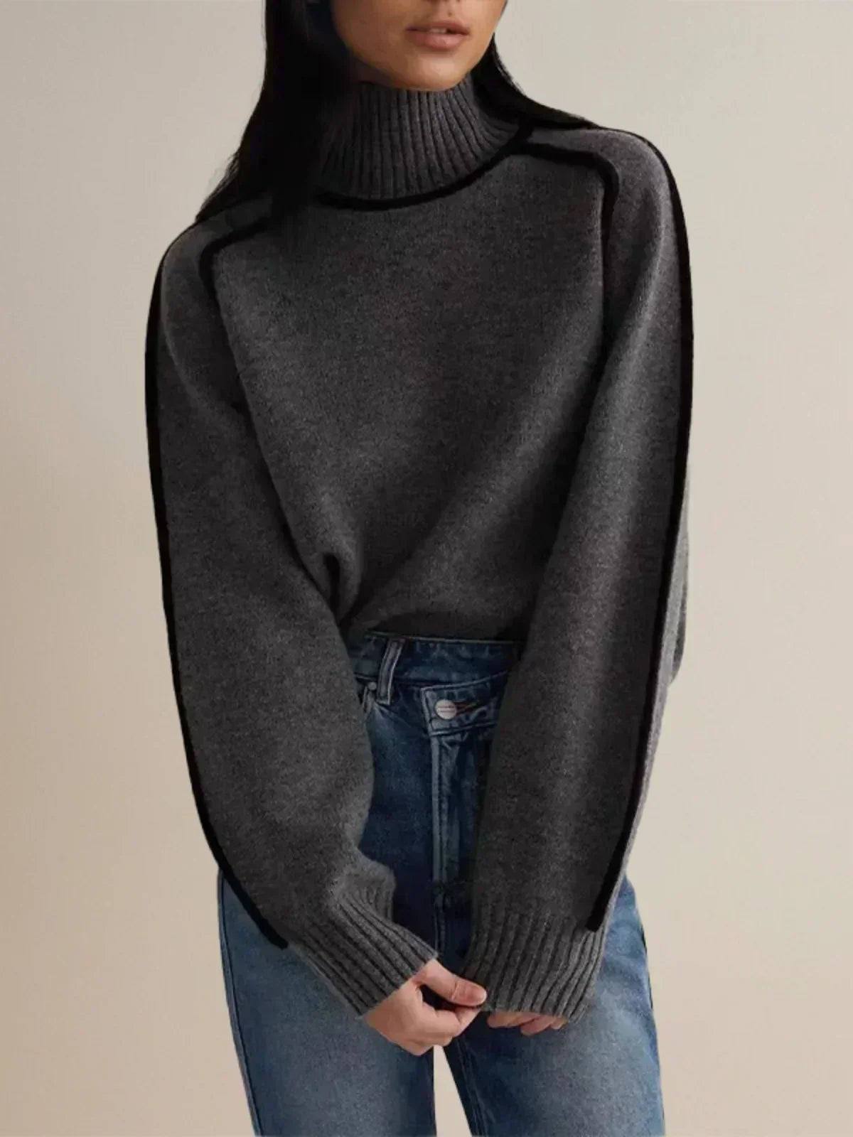Turtleneck Sweater Women Contrast Piping Relaxed Fit