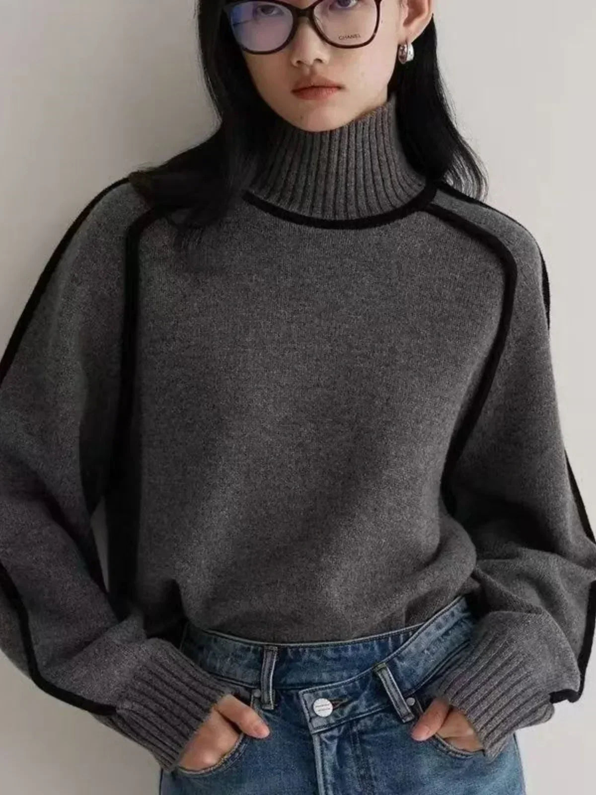 Turtleneck Sweater Women Contrast Piping Relaxed Fit