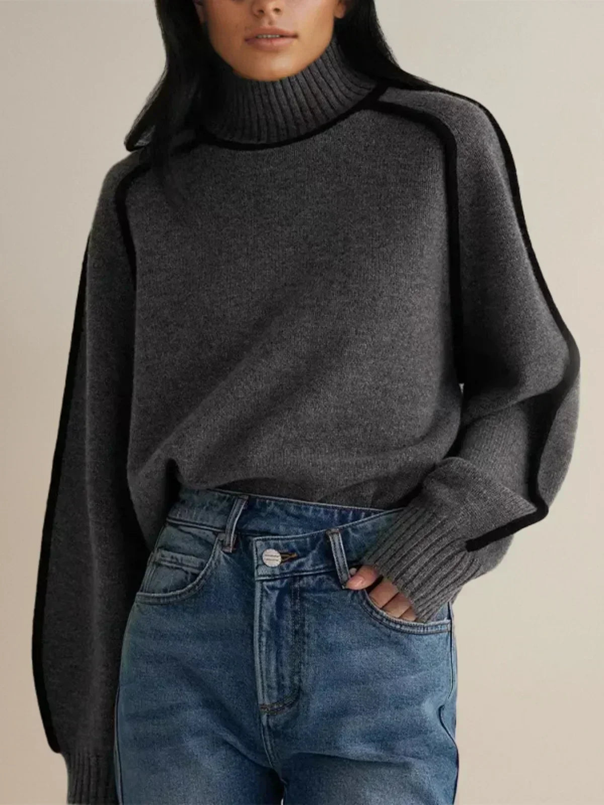 Turtleneck Sweater Women Contrast Piping Relaxed Fit
