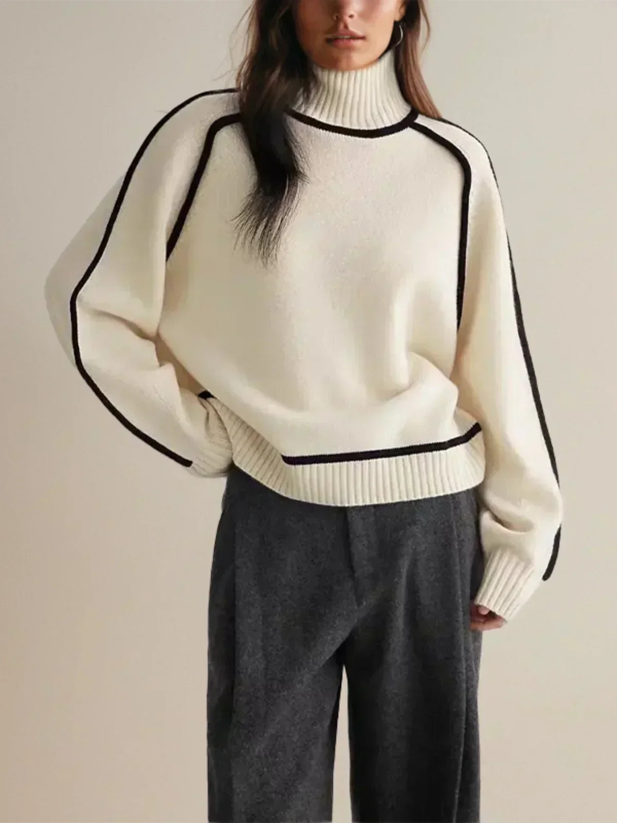 Turtleneck Sweater Women Contrast Piping Relaxed Fit