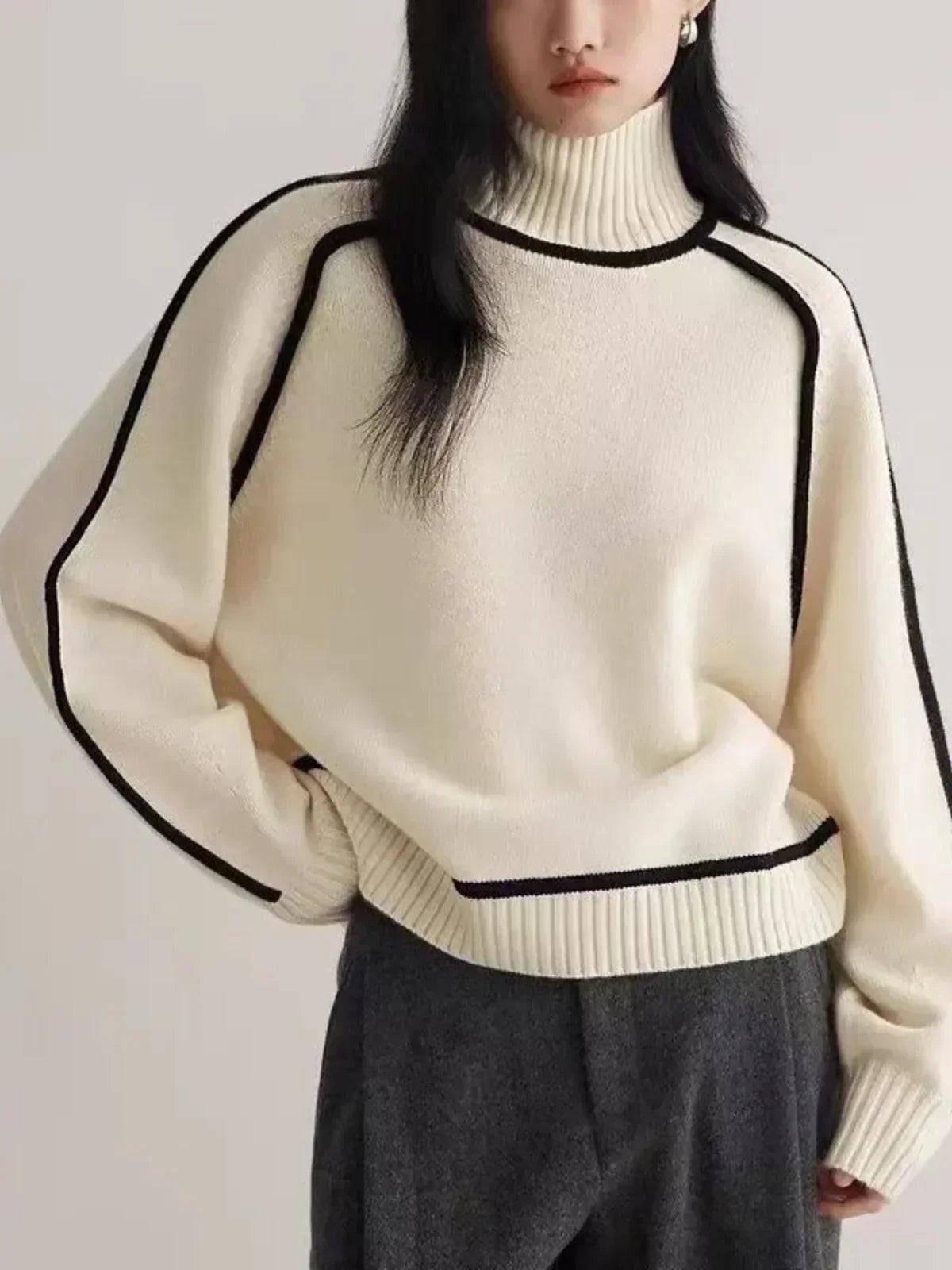 Turtleneck Sweater Women Contrast Piping Relaxed Fit