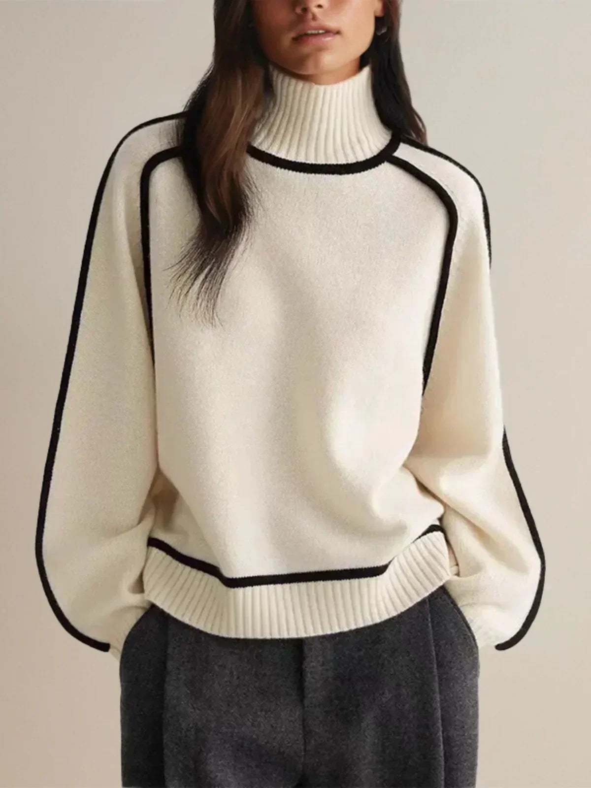Turtleneck Sweater Women Contrast Piping Relaxed Fit