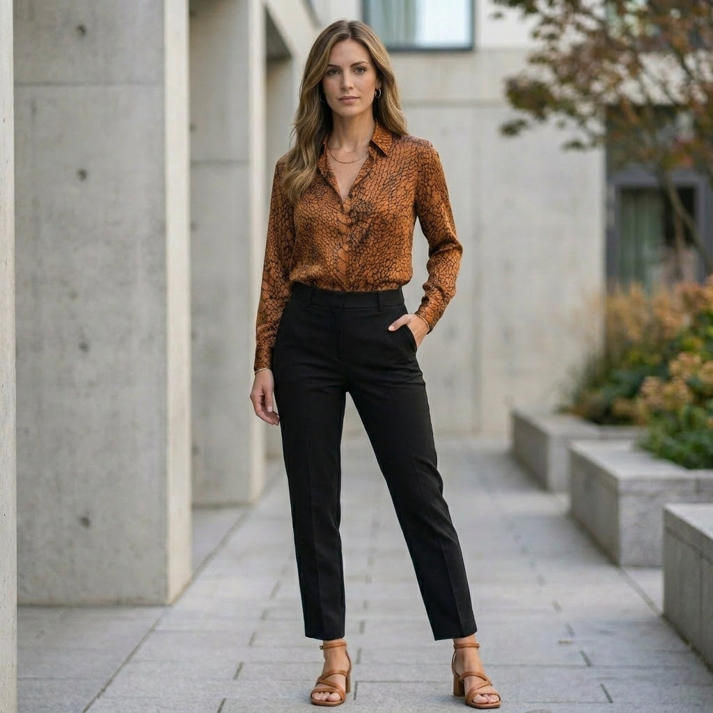 Women’s summer blouse with long sleeves featuring a vibrant print, styled casually in a lifestyle setting.