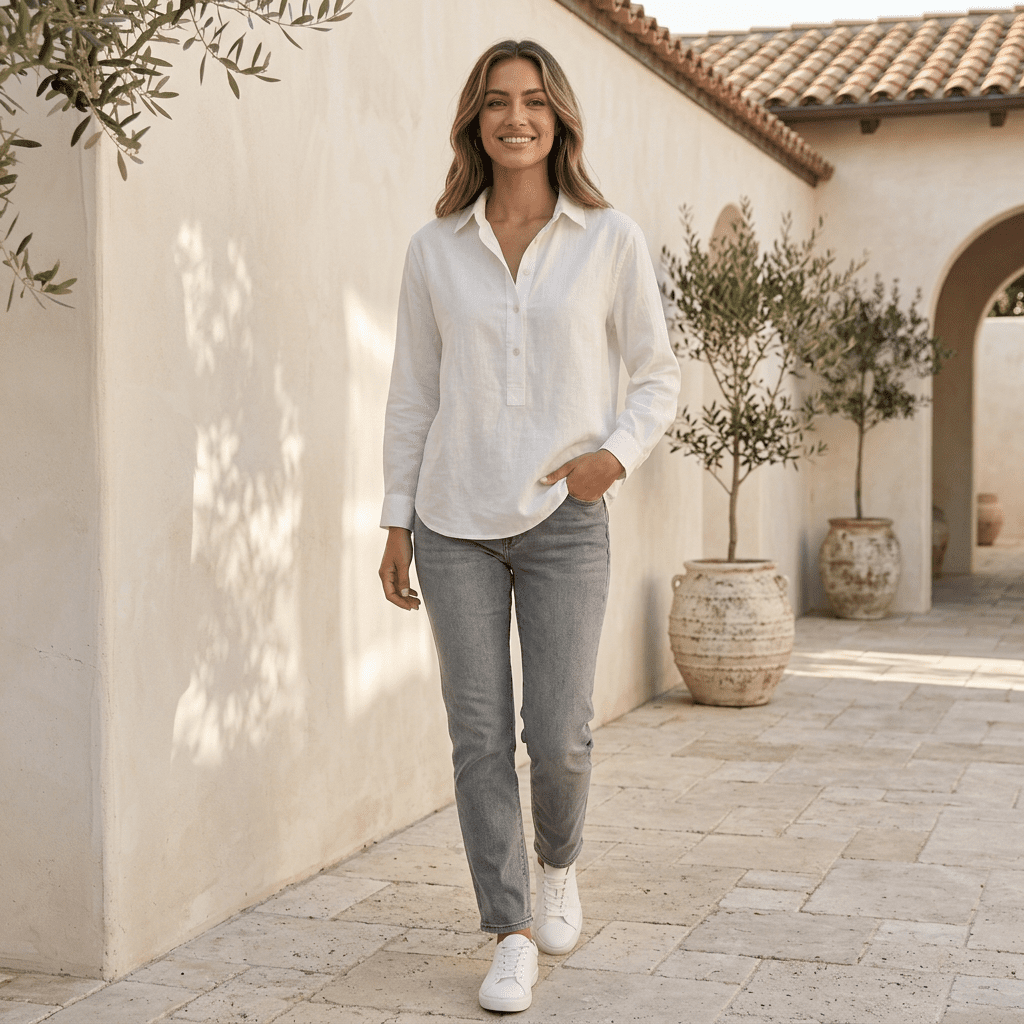 White linen V-neck relaxed-fit popover shirt for women by Tammy Bradley, styled casually with a natural fit and lightweight fabric.