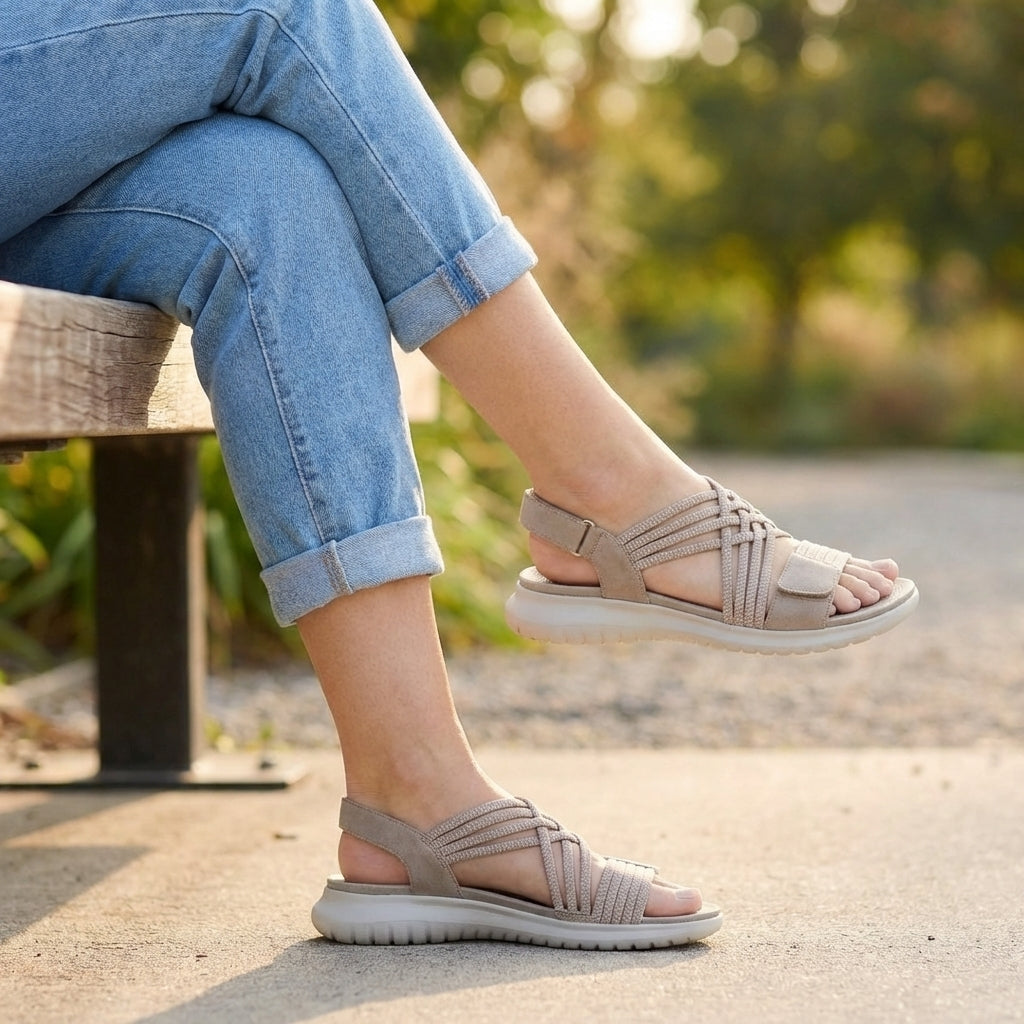 Stylish women's orthopedic criss-cross strappy sandals with adjustable fit, featuring comfortable straps and supportive sole.