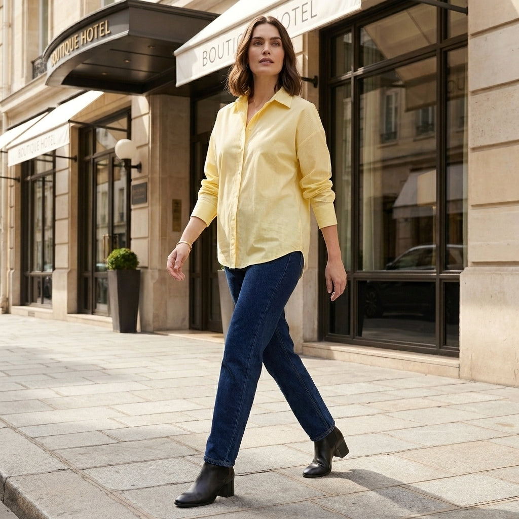 Light beige linen summer top for women with button front, styled casually in a relaxed outdoor setting.