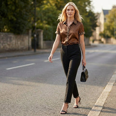 Leopard print summer blouse for women with short sleeves, stylish and lightweight top suitable for warm weather.