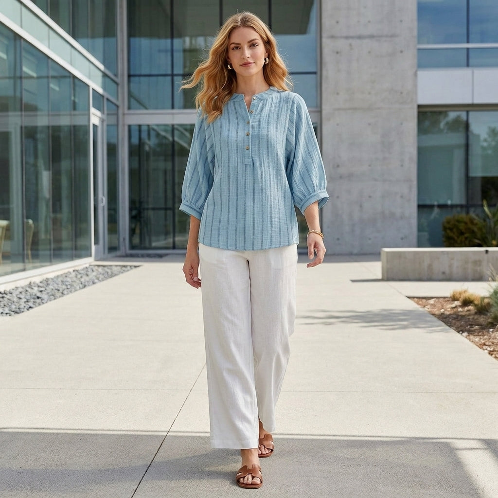 Women’s striped linen summer blouse with button front and short sleeves, casual style perfect for warm weather.