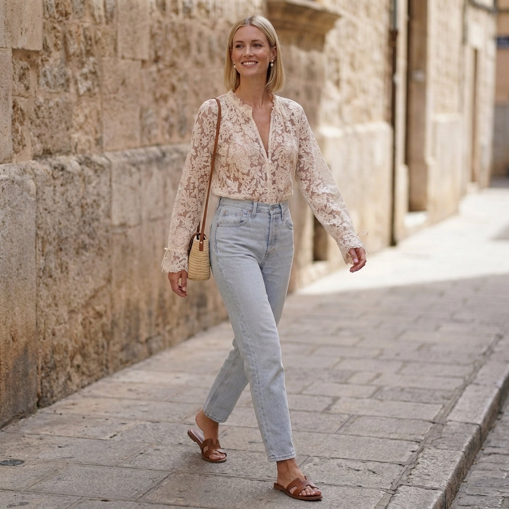 Floral V-neck lace summer blouse for women, featuring lightweight fabric and delicate lace details, perfect for warm weather.