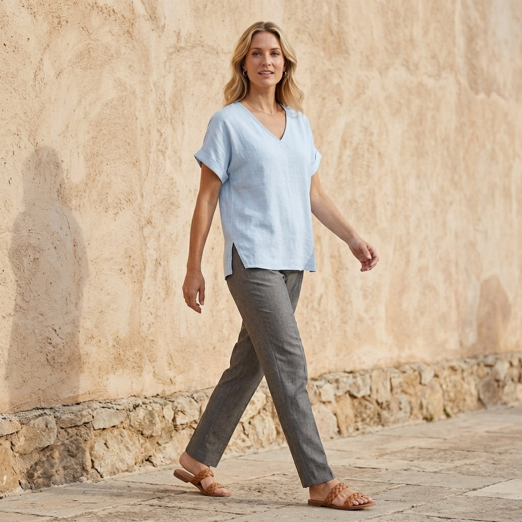 Women’s summer blouse featuring a V-neck and short sleeves, made of denim, styled casually in a lifestyle setting.